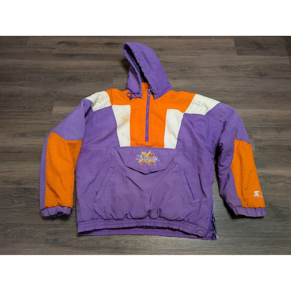 Vintage Starter Minnesota Screaming Eagles Anorak Jacket Purple Orange 90s Large
